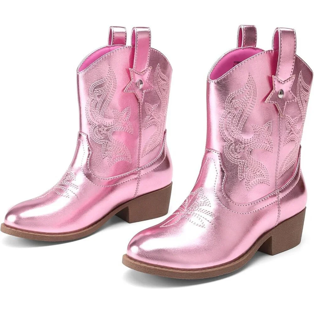 ⚡Girls Pink Cowgirl Boots With Low Heel Western Embroidered Fashion Mid Calf